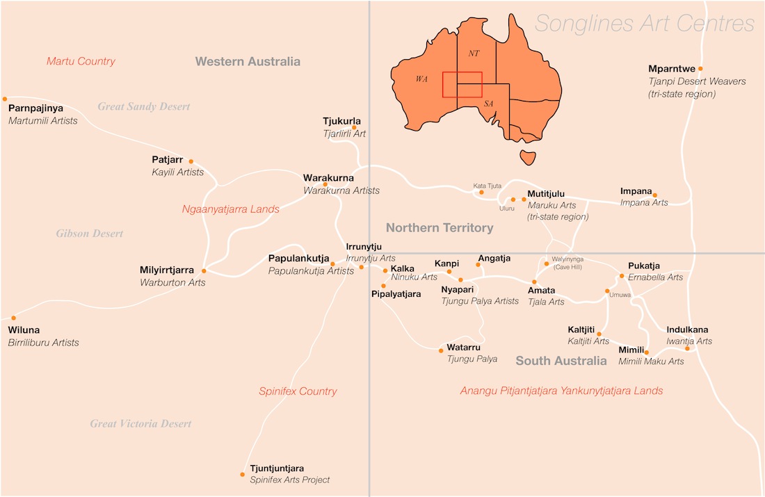 Map of Aboriginal art centres in the Western Desert region